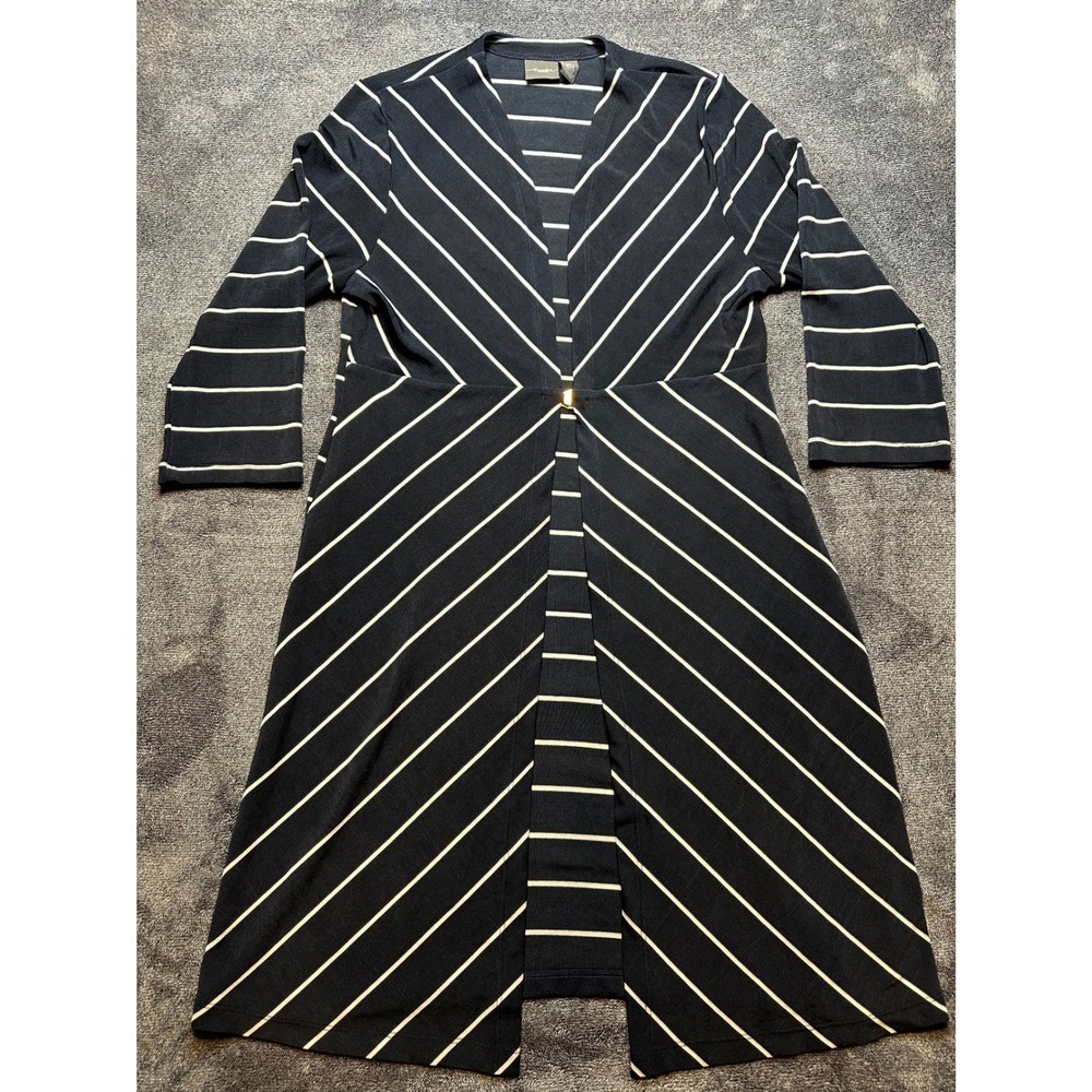 Chicos Travelers Navy Blue White Striped Gold Clasp Cardigan Jacket Size 1 M-290